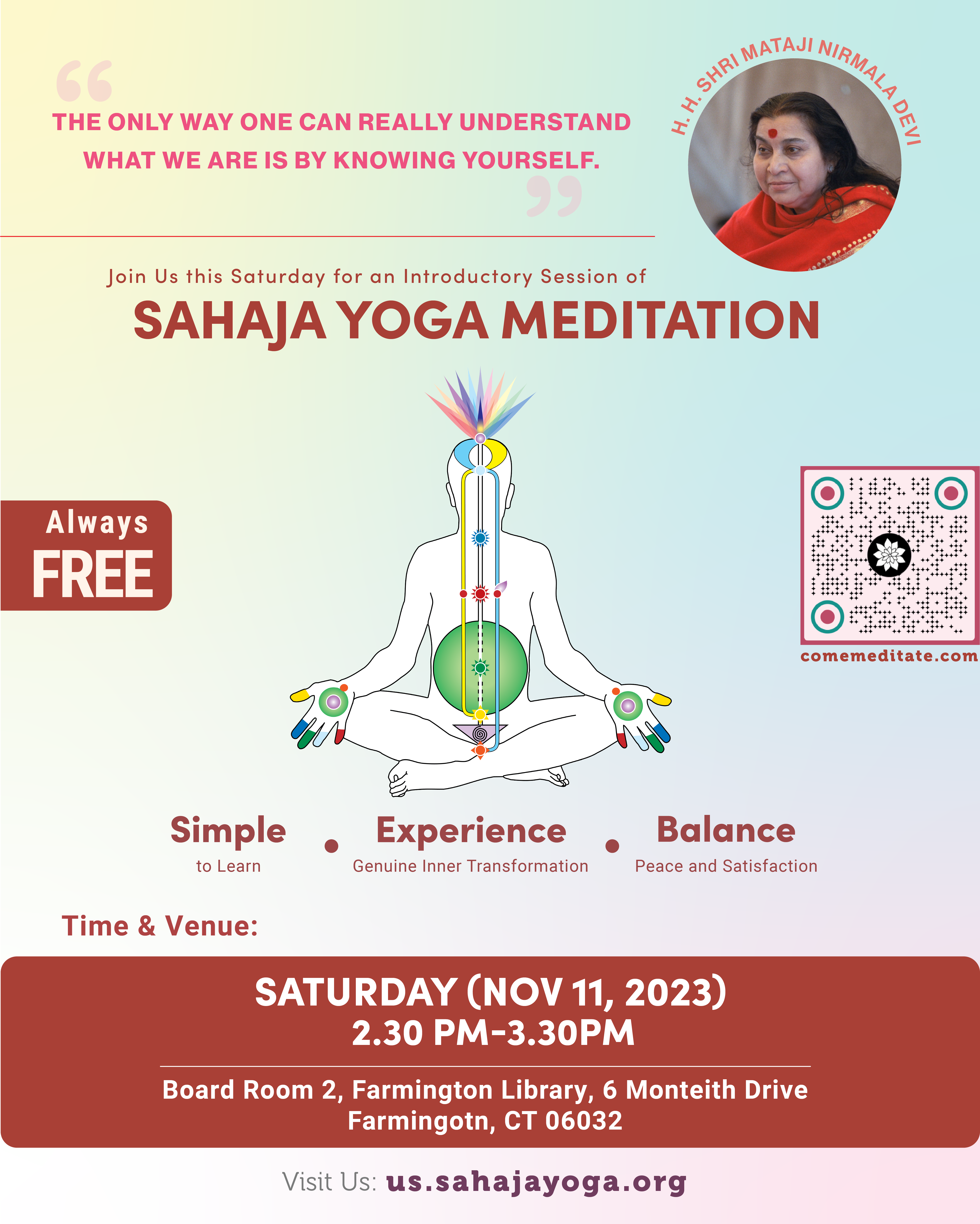 Join us for a free in person meditation session at the Farmington library the second Saturday of each month